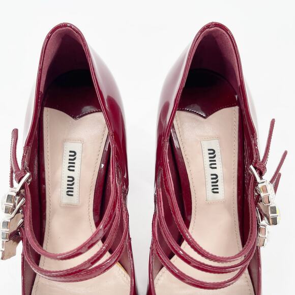 Miu Miu Burgundy Patent Leather Crystal Strap Mary Jane Block Heel Pump IT 36 - Picture 7 of 13
